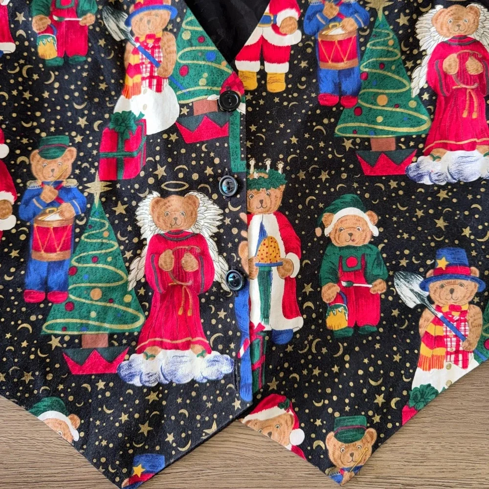 Vintage 90s 111 Main Holiday Christmas Teddy Bear Vest Back Tie Size M USA Made